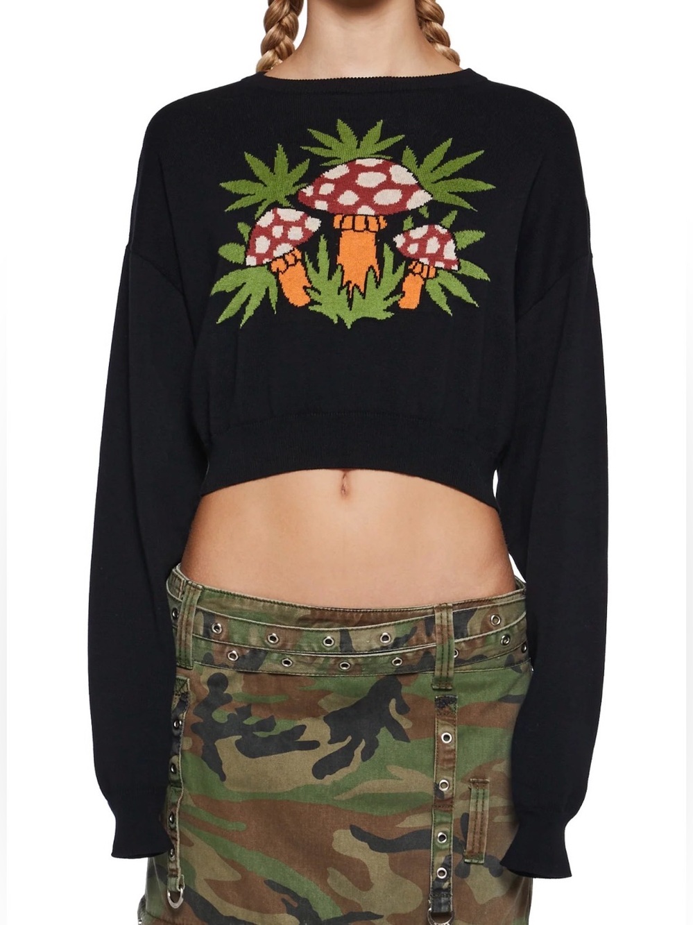 Current Mood black cropped “Grow Your Own Way” Mushroom Knit sweater size small